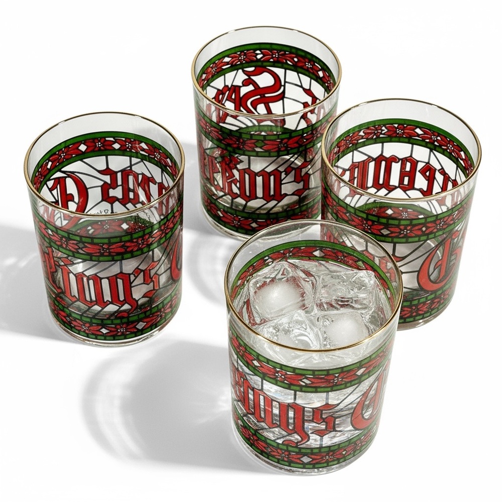 HOUZE Double Lowball Holiday Barware, Drink glasses set of 4 -SEASONS GREETINGS